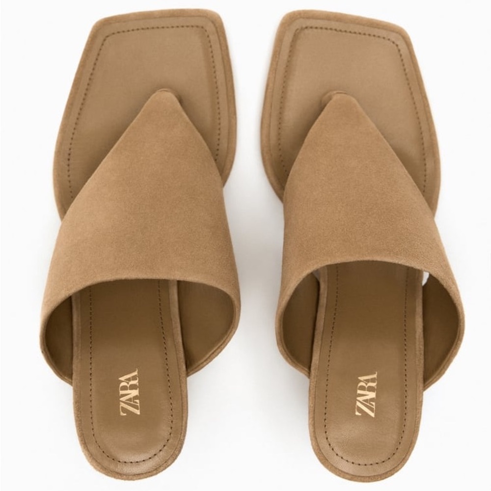 Zara Sandy Brown Toe Post Heeled Suede Leather Sandals - Picture 9 of 12